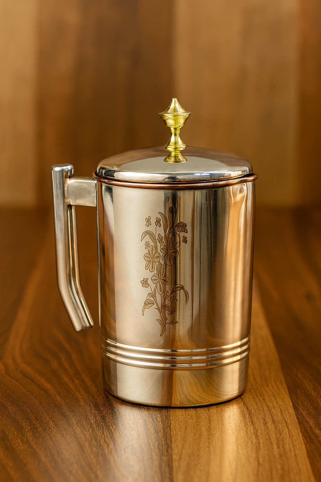 Polished Copper Jug with Lid and Floral Engraving ( 4 L )