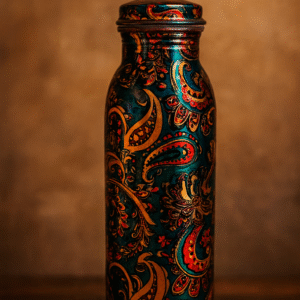 Lacquered Copper Water Bottle with Vibrant Paisley Print