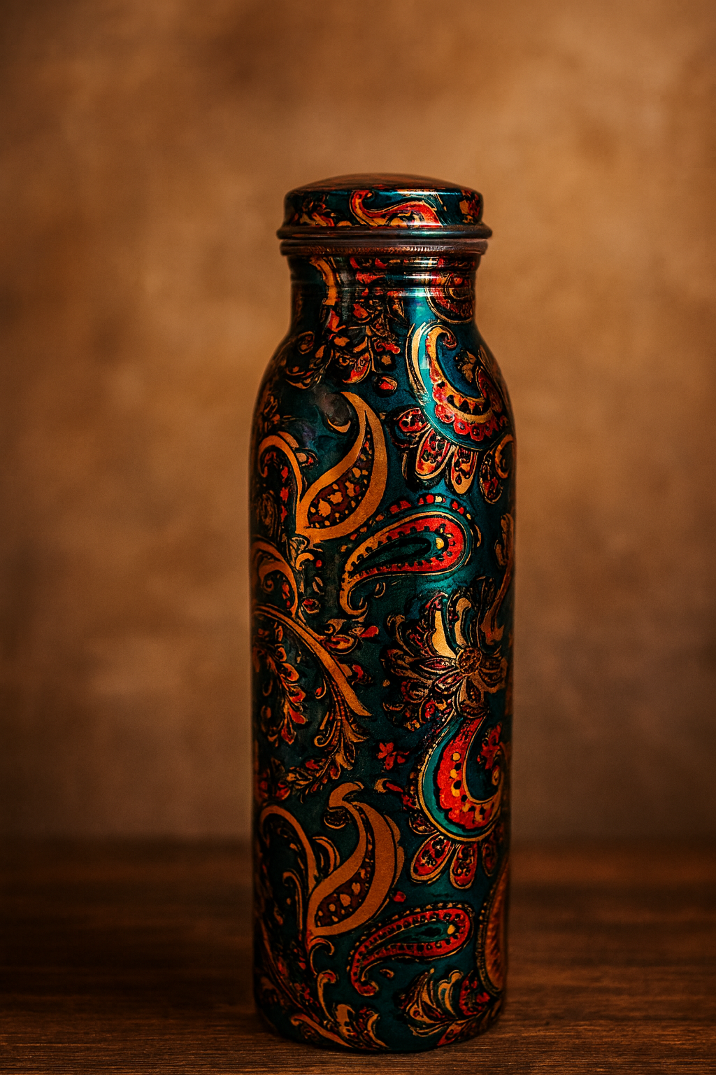 Lacquered Copper Water Bottle with Vibrant Paisley Print