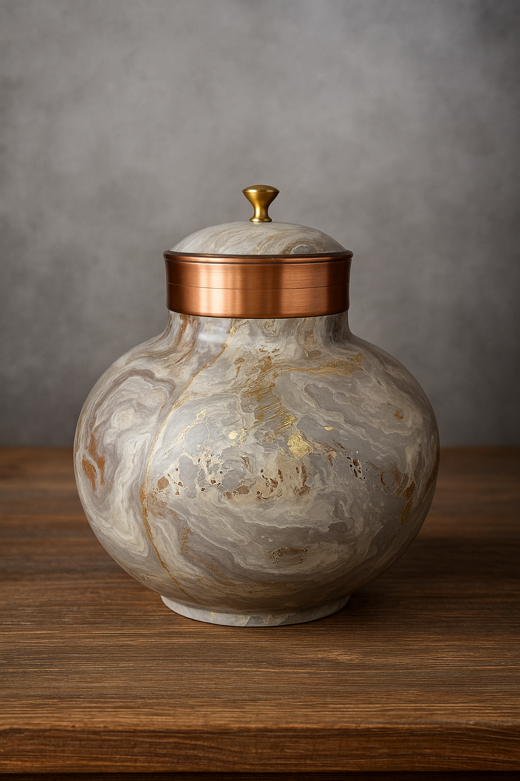 Decorative Marble Finish Jar with Copper and Brass Accents / Urn