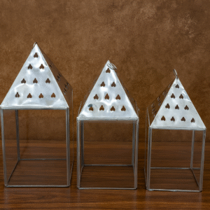 Stainless Steel Pyramidal Cutwork Lamps – Set of 3 (Decorative Pooja Lanterns)