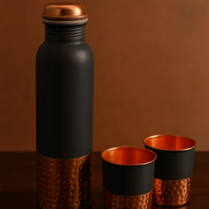 Modern Matte Black & Hammered Copper 2 Glass + 1 Bottle Set