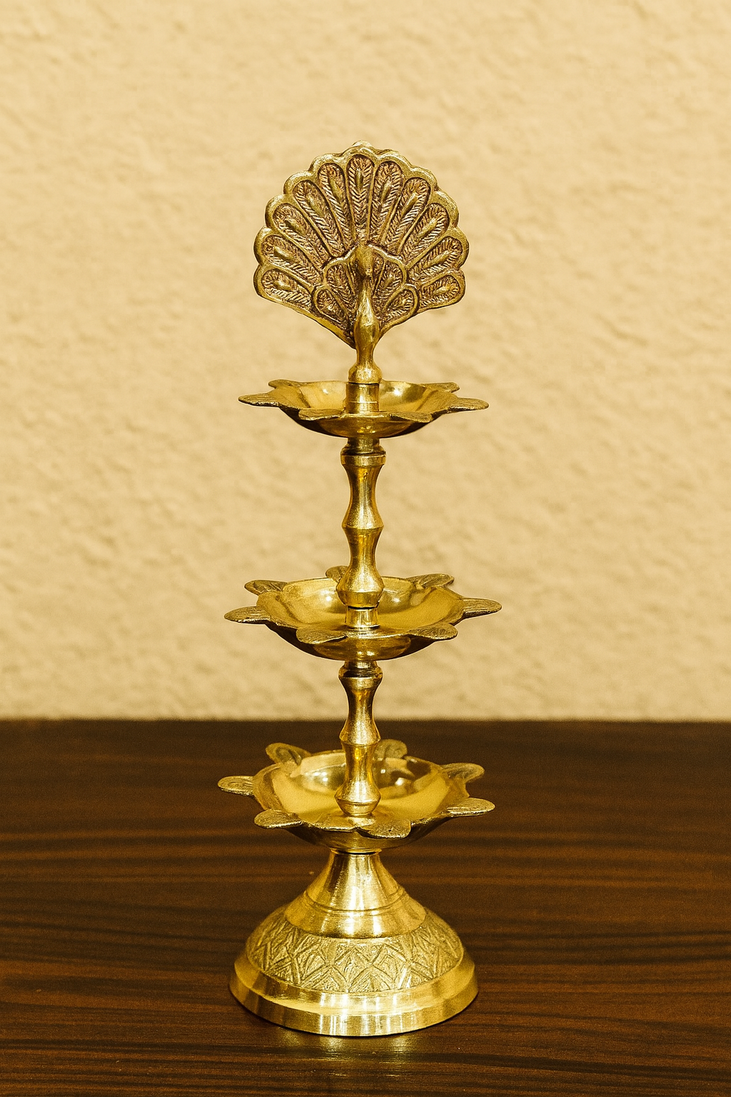 Tiered Brass Deepam / Diya with Peacock Finial