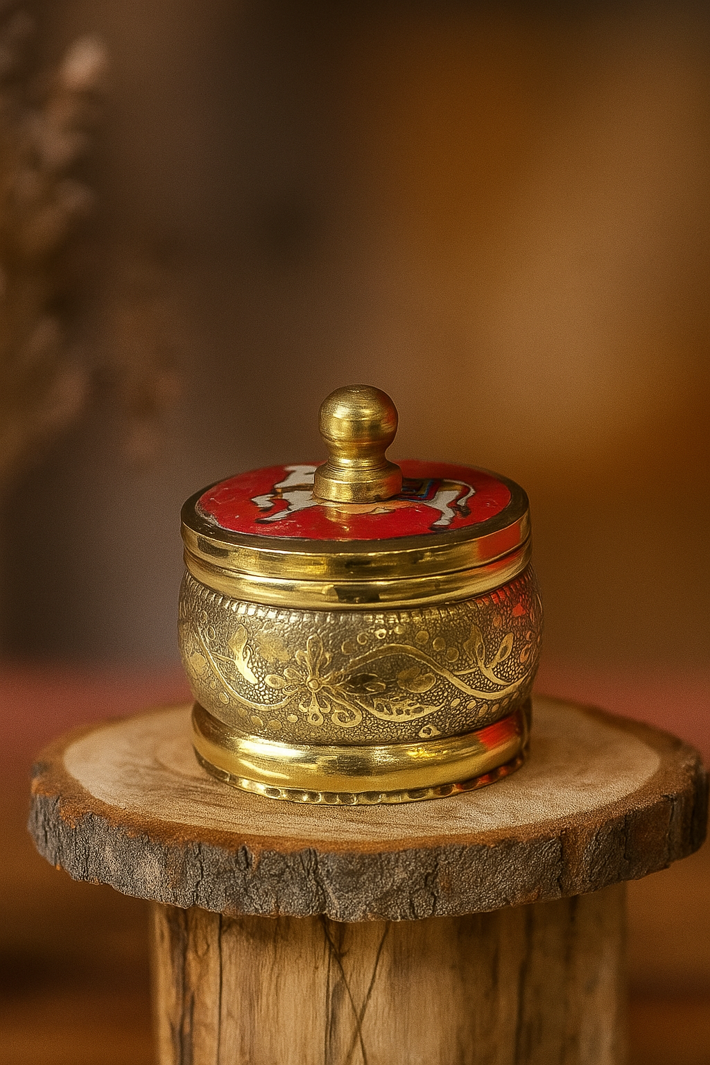 Embossed Brass Kumkum Box / Sindoor Dani with Enameled Lid