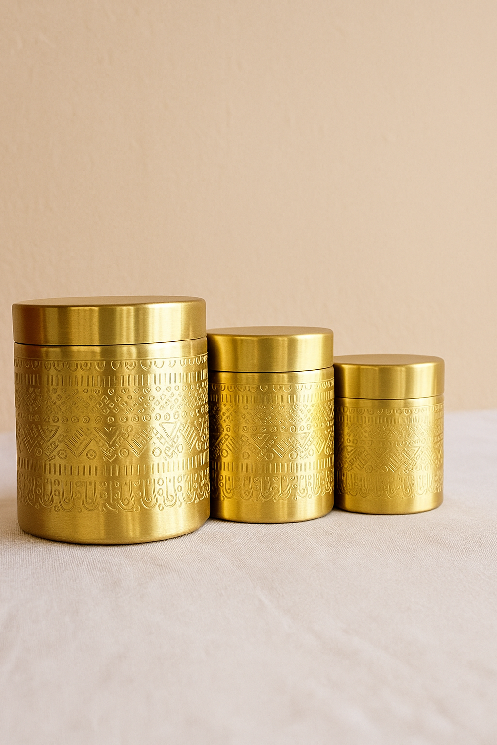 Set of 3 Etched Brass Storage Canisters / Brass Jars