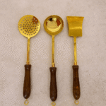 Set of 3 Brass Kitchen & Cooking Tools with Wooden Handles (or Brass  Skimmer, Ladle, and Spatula Set)