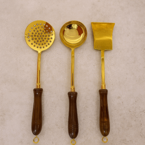 Set of 3 Brass Kitchen & Cooking Tools with Wooden Handles (or Brass Skimmer, Ladle, and Spatula Set)