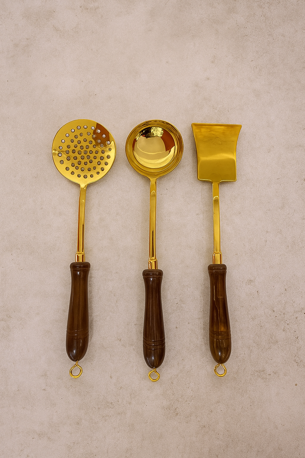 Set of 3 Brass Kitchen & Cooking Tools with Wooden Handles (or Brass Skimmer, Ladle, and Spatula Set)