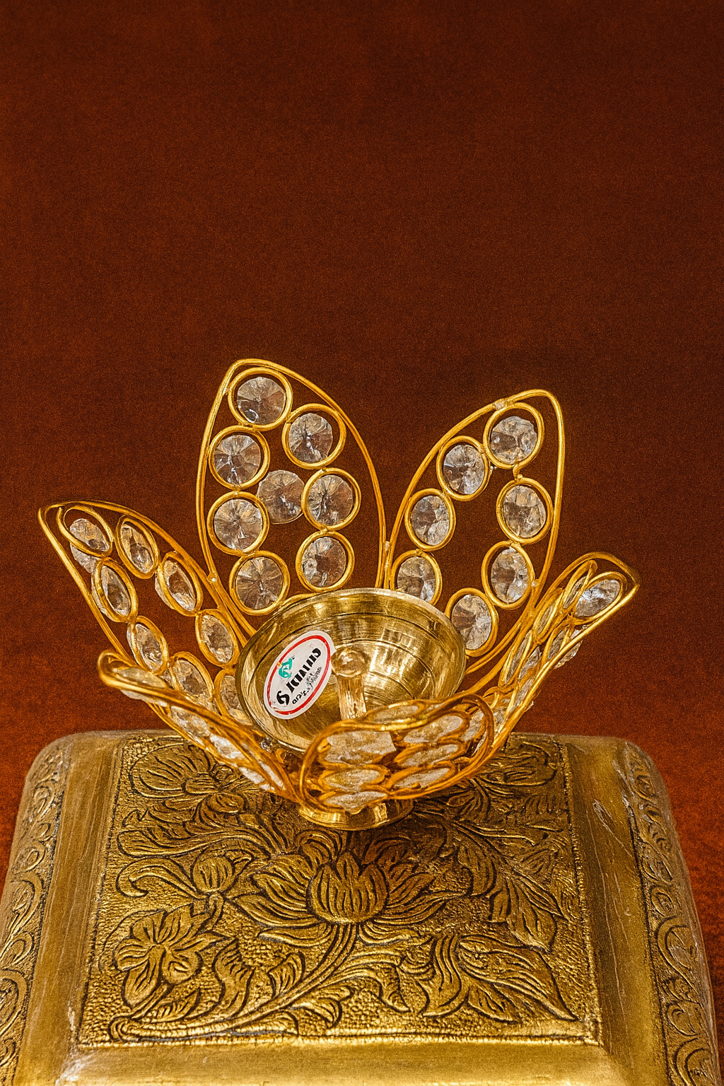 Decorative Lotus Diya/Candle Holder with Crystals on Embossed Base