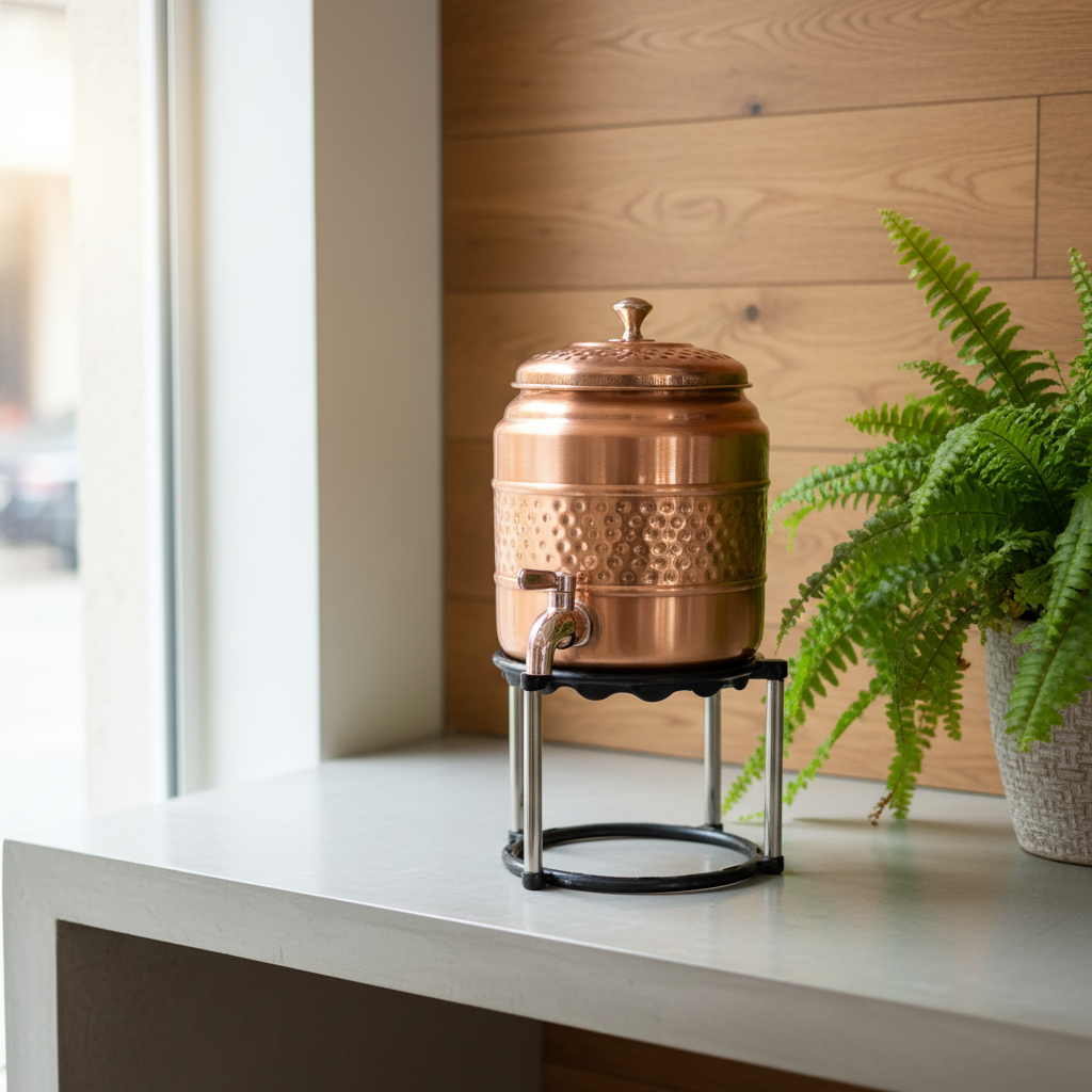 Hammered Pure Copper Water Dispenser Pot with Tap and Stand