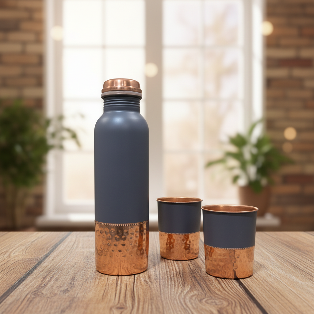 Dual-Tone Matte Grey and Hammered Copper Water Bottle Set